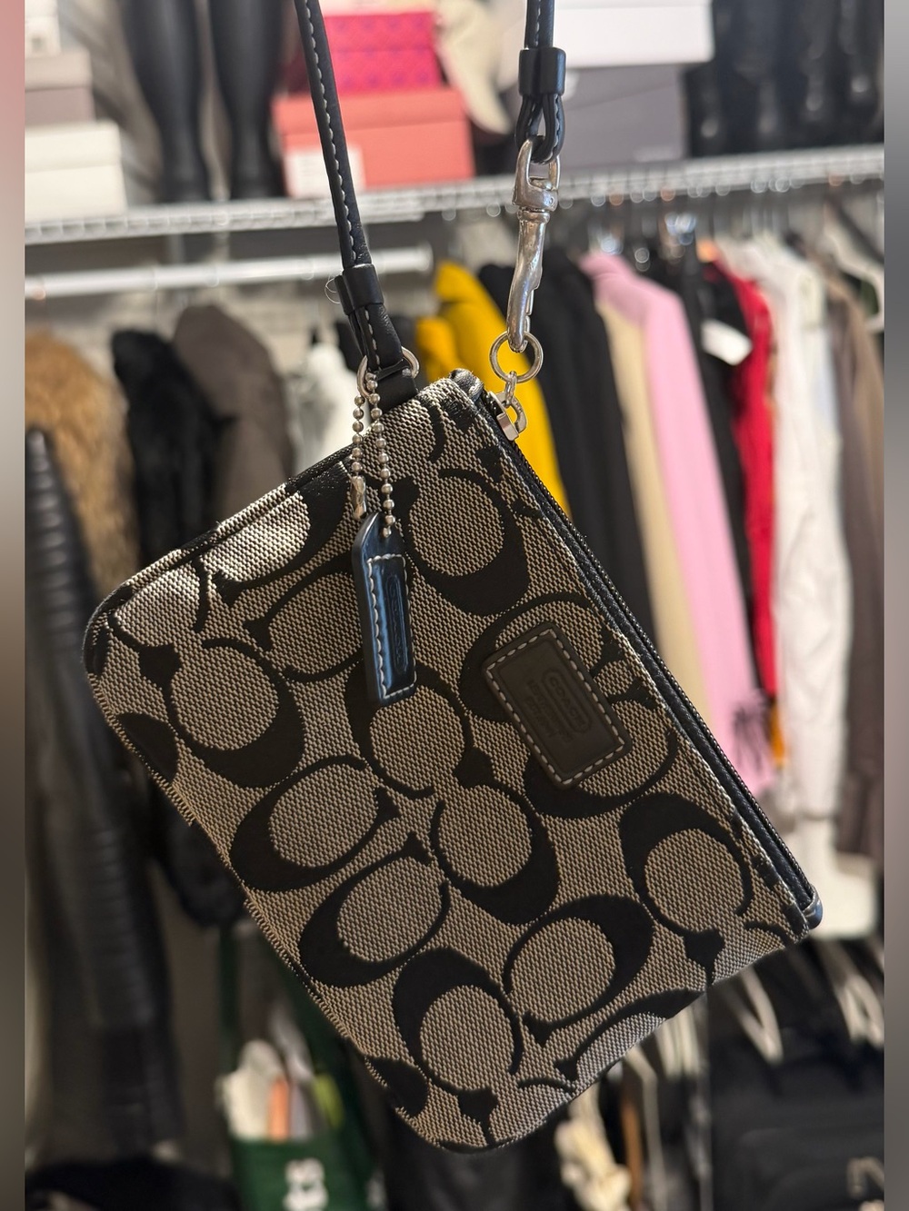Coach Black and Tan Signature Canvas Wristlet with Leather Strap